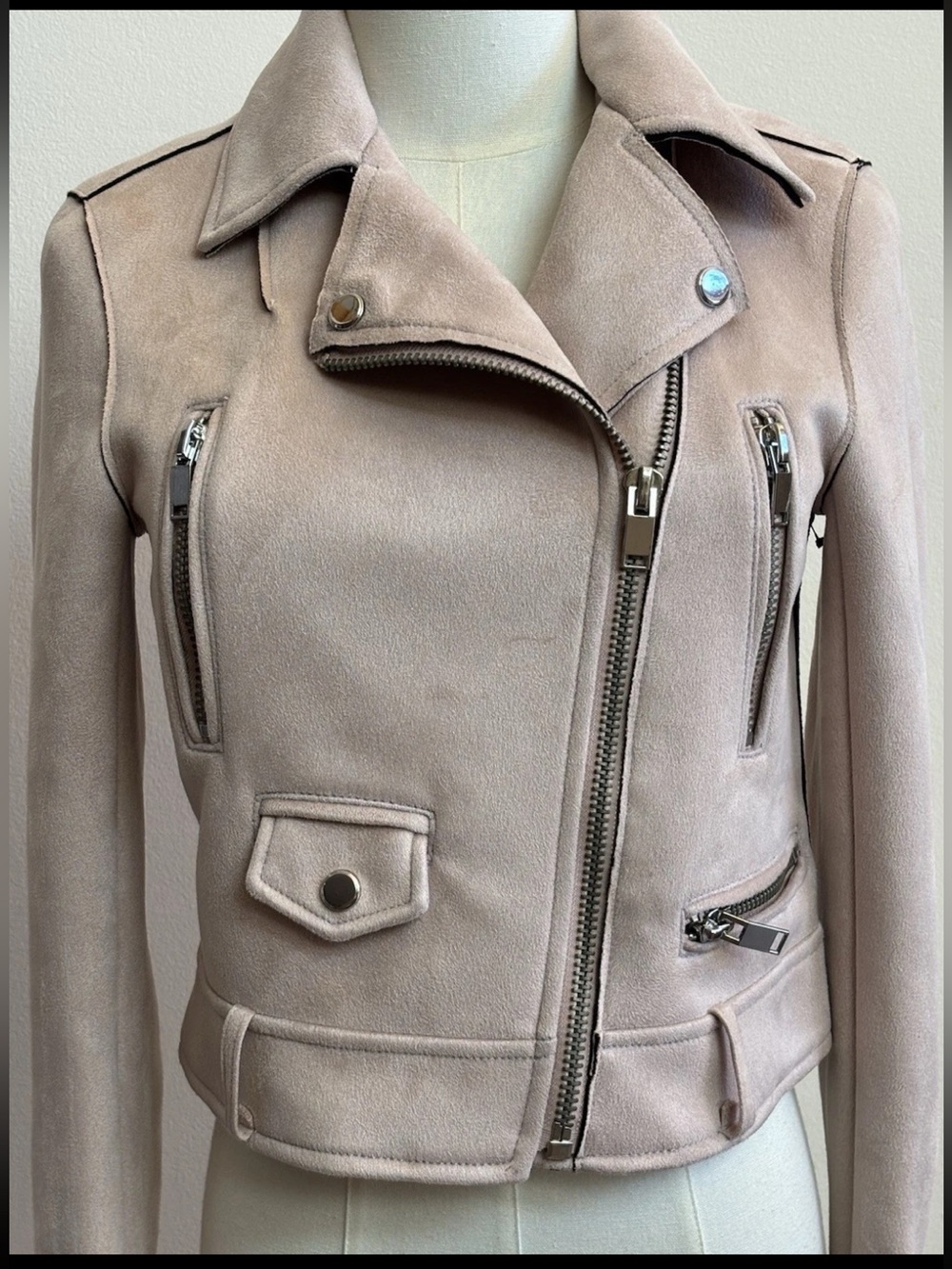 Zara Faux Suede Moto Jacket Women’s XS Blush Pink Cropped Biker Zip